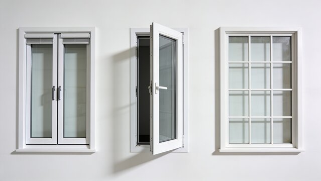 different window styles arranged side by side against a plain background. The first window on the left is a double-hung style with two vertically sliding sashes, framed in a clean white finish. The 