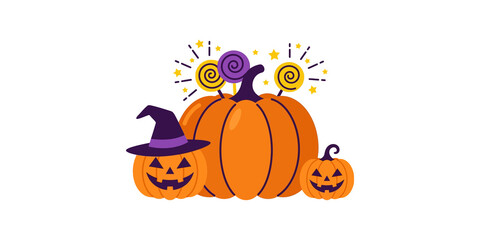 Halloween pumpkins with witch hat and candies in festive orange and purple colors.