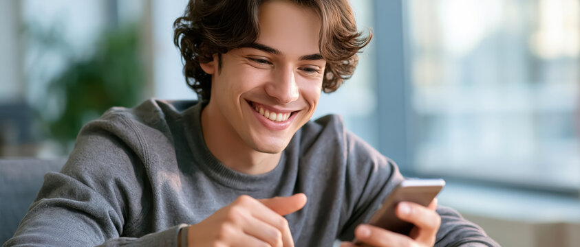 Smiling young man using smartphone in modern office, relaxed casual portrait with natural light