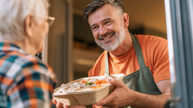 Delivery volunteer warm smile handing healthy meal in reusable container at home doorway to elderly resident