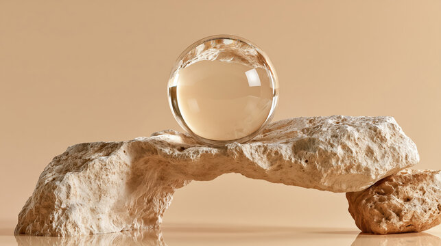 Natural limestone arch glass sphere beige background diffused daylight stone balance minimalist composition elegant still life