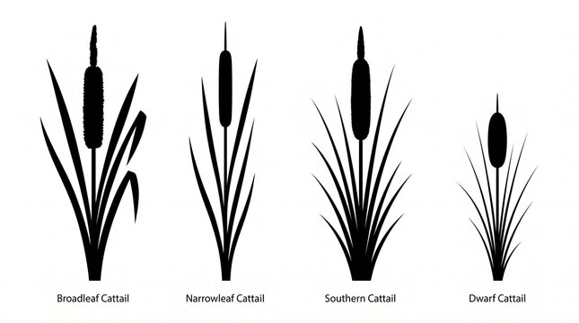 Four black cattail plant silhouettes labeled Broadleaf, Narrowleaf, Southern, and Dwarf, side-by-side comparison highlighting differences in leaf width, height, and seed head size.