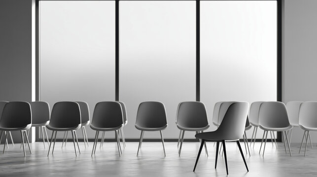 Minimal conference room with aligned chair row and one turned chair near large window, bright daylight, modern interior