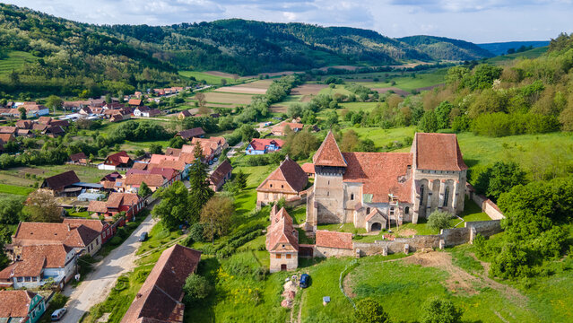 aerial view of medieval church of Copsa Mare, Sibiu, Transylvania, Romania