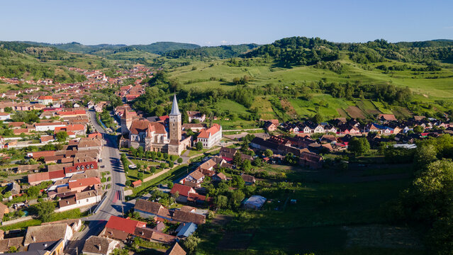 Aerial view of Mosna fortified church in Sibiu, Romania