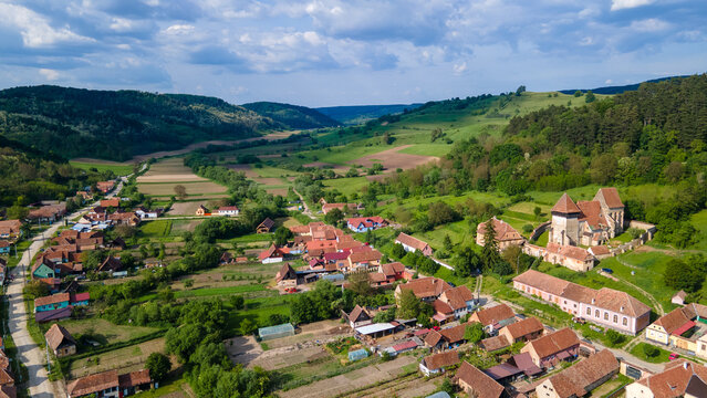 aerial view of medieval church of Copsa Mare, Sibiu, Transylvania, Romania