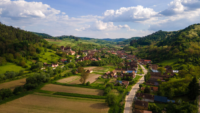 aerial view of medieval church of Copsa Mare, Sibiu, Transylvania, Romania