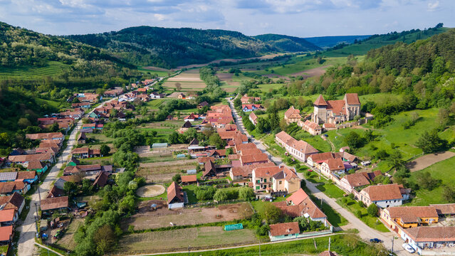 aerial view of medieval church of Copsa Mare, Sibiu, Transylvania, Romania