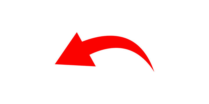 Red curved arrow pointing left, isolated on transparent background, symbolizing undo or back.