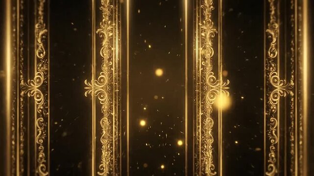 Elegant golden ornamental patterns with glowing particles on black