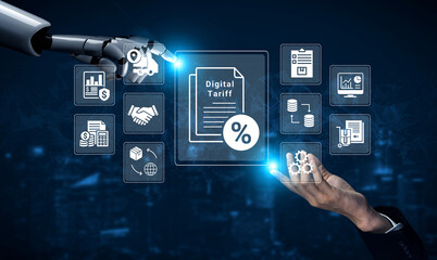 Obraz premium Digital Tariff Concept with Robotic Hand and Human Hand Interacting for Technological Innovation and Financial Transactions. Glyphic.