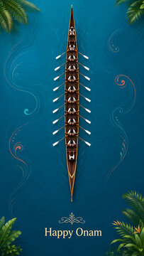 Top down view of men rowing a traditional wooden snake boat celebrating happy onam the great cultural south indian festival in kerala