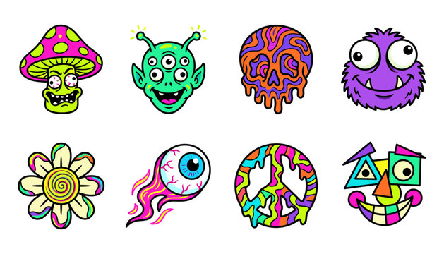 Psychedelic Retro Trippy Sticker Icon Set with Monster Mushroom, Alien, Melting Skull, Eyeball, Peace Sign, and Groovy Abstract Characters in Bright Colors