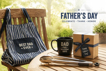 Naklejka premium Father's Day dining place setting on outdoor table with striped apron, barbecue tongs, gift box and coffee mug