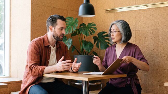 Generative AI, Business mentoring and consultation meeting in a cafe