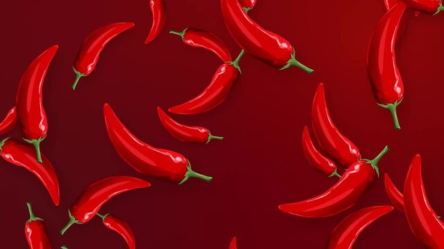 Red Chili Peppers Falling Against a Dark Red Background