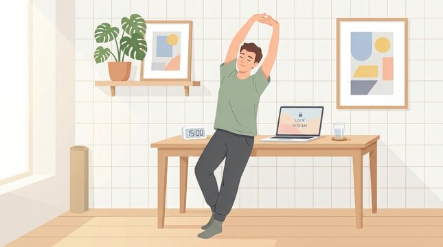 Man Stretching at Home Office Desk Taking a Break from Remote Work Illustration