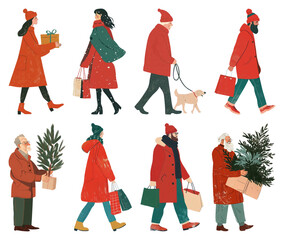 Naklejka premium PNG Festive winter shopping scene, element set on transparent background