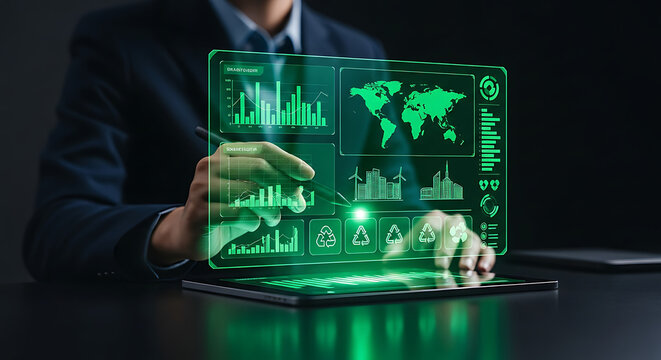Futuristic business analytics dashboard with global data and sustainability icons