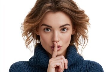 Naklejka premium Portrait of woman making quiet shush gesture