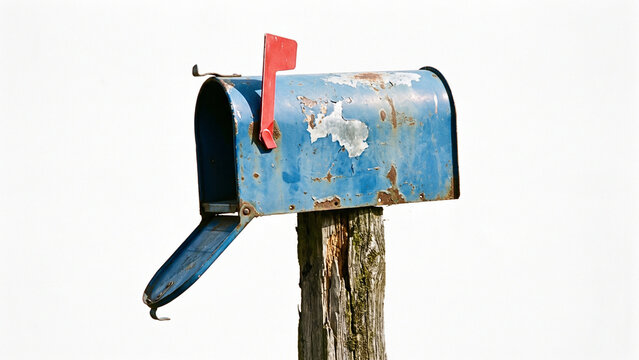 Weathered Blue Rural Mailbox with Raised Red Flag on Post