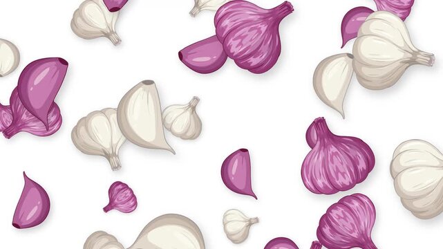 Falling White and Purple Garlic Bulbs and Cloves on White Background