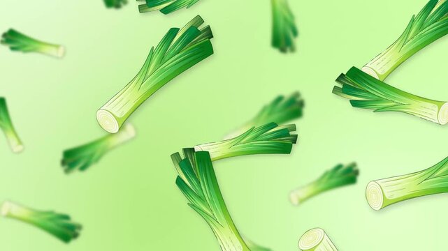 Fresh Green Leeks Falling Against a Soft Green Mesh Background