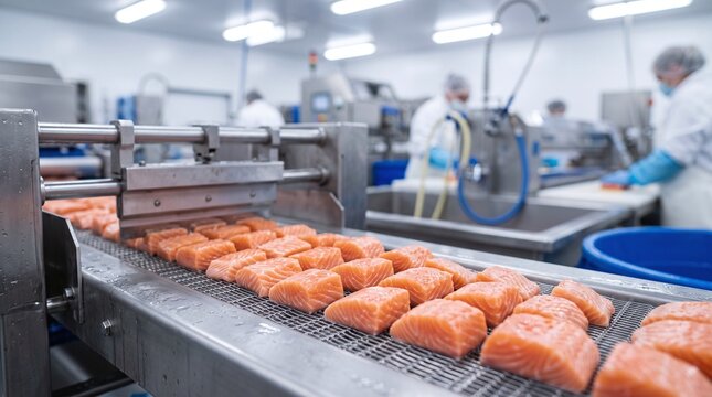 Processed salmon portions moving along a conveyor belt inside a clean food production facility