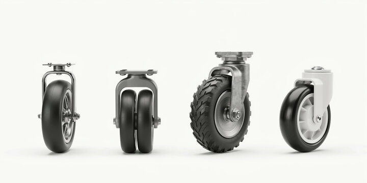 Four industrial swivel caster wheels on a plain white background