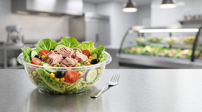 Fresh tuna salad with lettuce cucumber tomatoes olives and corn in a clear bowl
