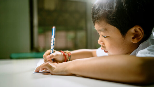 Focused young child concentrating on a homework worksheet while writing and learning at home, representing attention, education, study, childhood development, and academic growth.
