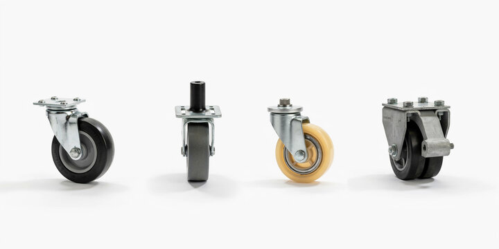 Four industrial swivel casters with different wheels on a white background