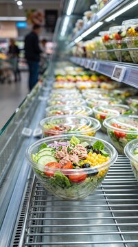 Pre packaged salads in clear plastic containers displayed on a refrigerated shelf in a store