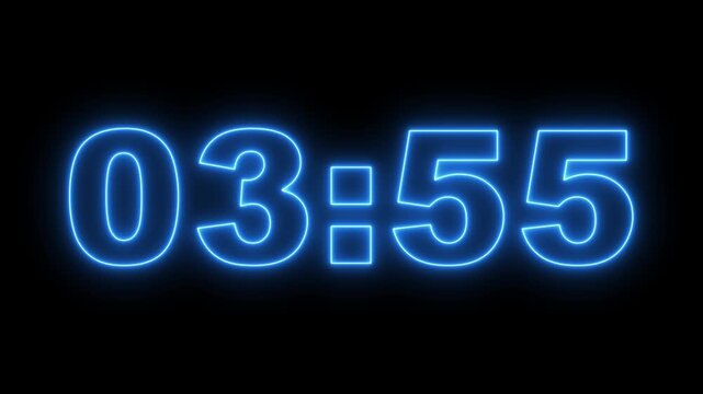 glowing neon 4 minute Countdown timer. neon 4 to 3 minute Countdown timer on black background. 1 minute countdown timer on a black background. 4k video