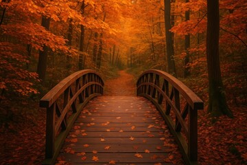 Obraz premium Serene autumn forest bridge pathway.