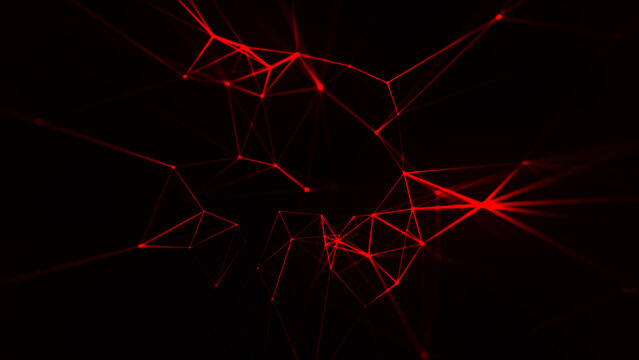 An abstract digital network of glowing red lines and nodes against a black background. The illustration conveys the concept of high-speed data transfer. and digital innovation.
