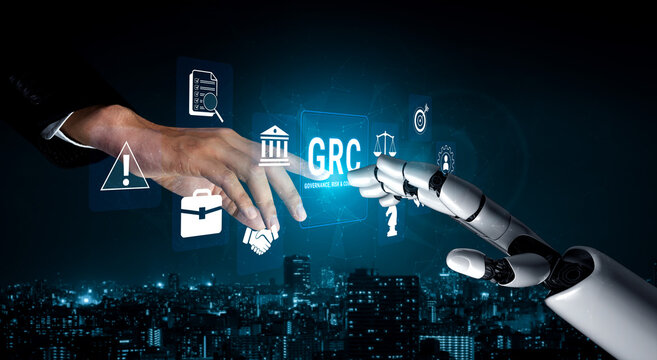Human hand reaching towards robotic hand amid digital interface displaying icons related to governance, risk management, and compliance in a cityscape background. Glyphic.