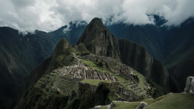 Ancient Incan ruins of Machu Picchu surrounded by lush green mountains and dramatic clouds, showcasing the architectural marvel in a breathtaking landscape