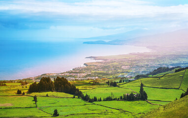 Fototapeta premium Panoramic view of green fields coastline and Atlantic Ocean in Sao Miguel Island Azores Portugal