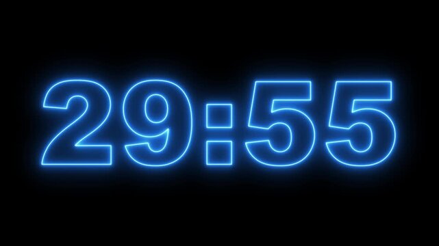 glowing neon 30 minute Countdown timer. neon 30 to 29 minute Countdown timer on black background. 1 minute countdown timer on a black background. 4k video