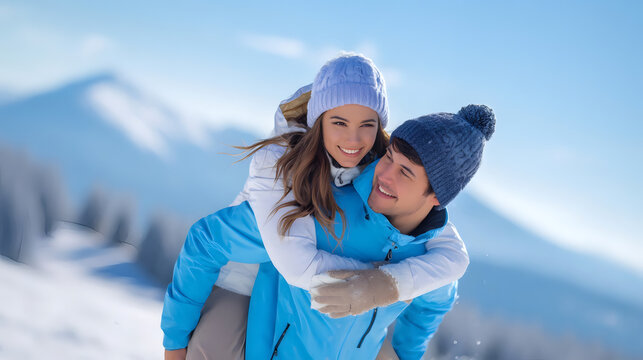 Happy young couple enjoying winter outdoors, smiling and having fun together in snowy mountain landscape, wearing warm clothes.