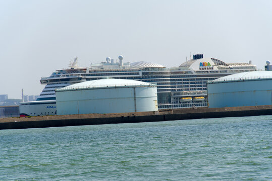 Aida Perla cruise ship moored at port du Havre at French city of Le Havre on a sunny summer day. Photo taken July 14th, 2026, Le Havre, Normandie, France.
