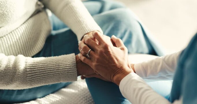 Nursing home, senior care and holding hands with caregiver, empathy and help for patient in bedroom. Assisted living, above and compassion for elderly person, consultation and comfort with gesture