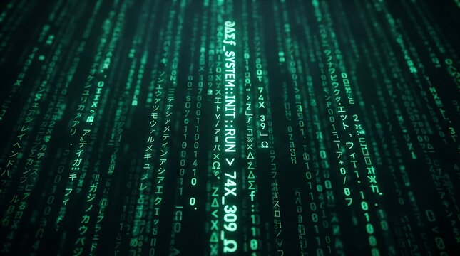 Abstract digital background with glowing green binary code streaming down in a dark space