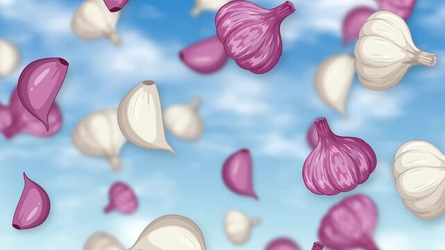 Animation of Red and White Garlic Falling Against Blue Sky