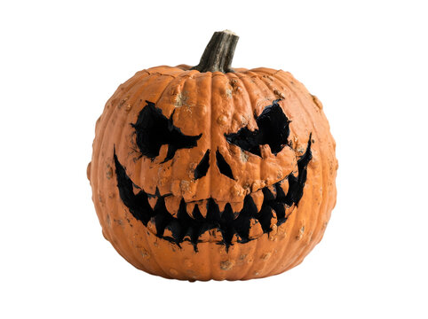 A strikingly detailed jack o'lantern with a menacing carved face perfect for halloween designs and autumn celebrations isolated on transparent background