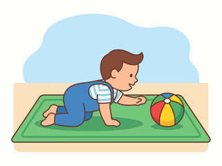 Fototapeta premium Baby Boy Crawling Toward Colorful Ball Vector Scene