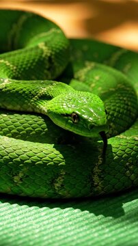 Vibrant green viper coiled with textured scales in bright sunlight highlighting its eye and dangerous gaze