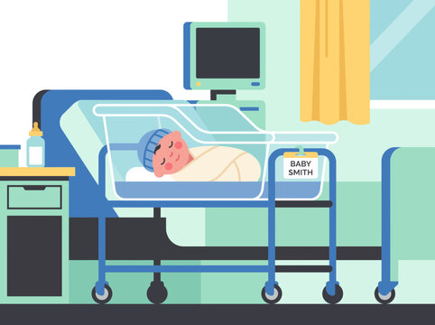 Newborn Baby in Hospital Bassinet Vector Illustration