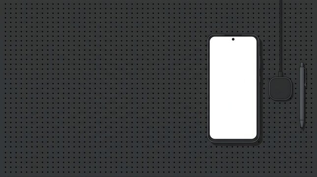 Smartphone with blank white screen on a dark gray pegboard surface